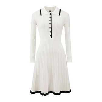 Women's Midi Knitted Dress Ribbed Ruffled A-Line Sweater Polo Dresses