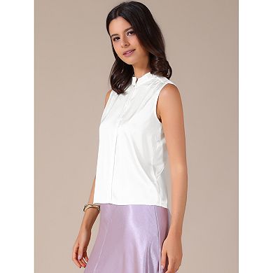 Women's Satin Top Elegant Sleeveless Pleated Mock Neck Ruffle Trim Solid Work Blouse Silk Tank Tops