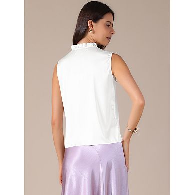 Women's Satin Top Elegant Sleeveless Pleated Mock Neck Ruffle Trim Solid Work Blouse Silk Tank Tops