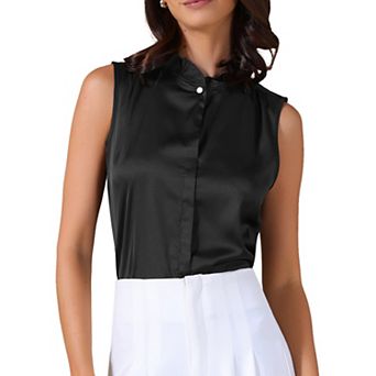 Women's Satin Top Elegant Sleeveless Pleated Mock Neck Ruffle Trim Solid Work Blouse Silk Tank Tops