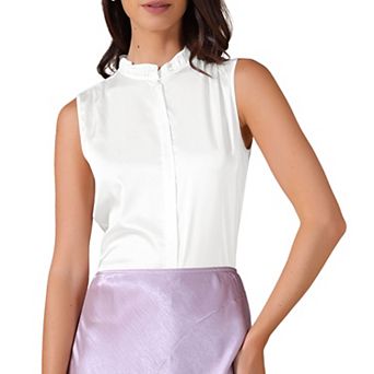 Women's Satin Top Elegant Sleeveless Pleated Mock Neck Ruffle Trim Solid Work Blouse Silk Tank Tops