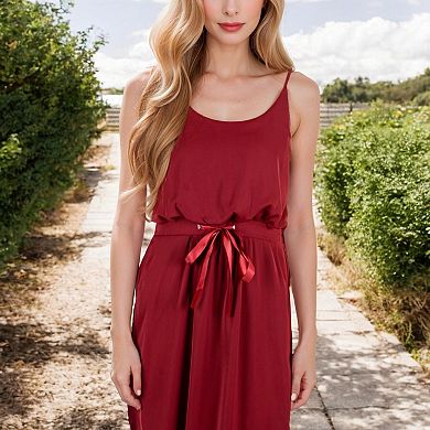 Women's Spaghetti Midi Dress with Satin Bow Tie Waist and Side Slits