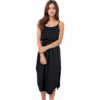 Women's Spaghetti Midi Dress with Satin Bow Tie Waist and Side Slits