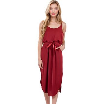 Women's Spaghetti Midi Dress with Satin Bow Tie Waist and Side Slits