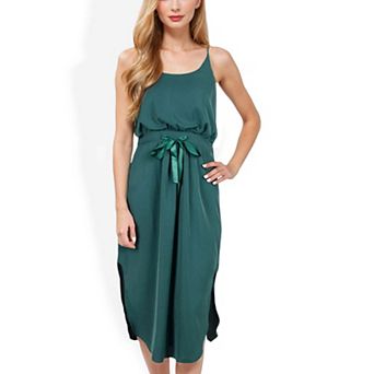 Women's Spaghetti Midi Dress with Satin Bow Tie Waist and Side Slits