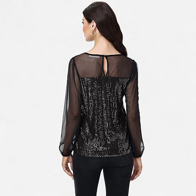 Women's Sheer Mesh Long Sleeve Top with Sequin Front Panel and Crew Neckline