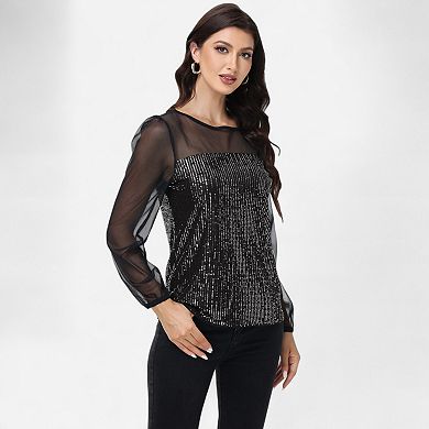 Women's Sheer Mesh Long Sleeve Top with Sequin Front Panel and Crew Neckline