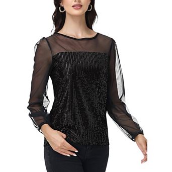 Women's Sheer Mesh Long Sleeve Top with Sequin Front Panel and Crew Neckline