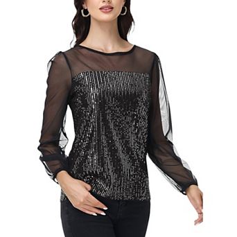 Women's Sheer Mesh Long Sleeve Top with Sequin Front Panel and Crew Neckline