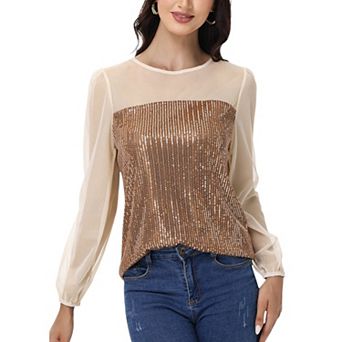 Women's Sheer Mesh Long Sleeve Top with Sequin Front Panel and Crew Neckline