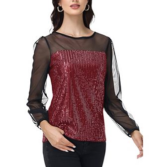 Women's Sheer Mesh Long Sleeve Top with Sequin Front Panel and Crew Neckline