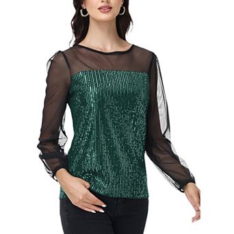Women's Sheer Mesh Long Sleeve Top with Sequin Front Panel and Crew Neckline