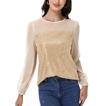 Women's Sheer Mesh Long Sleeve Top with Sequin Front Panel and Crew Neckline