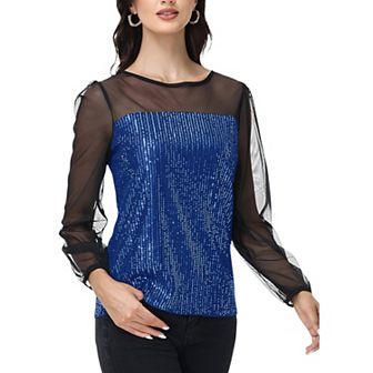 Women's Sheer Mesh Long Sleeve Top with Sequin Front Panel and Crew Neckline