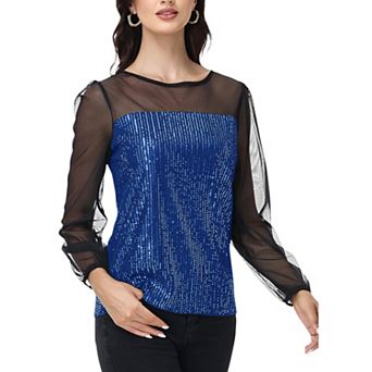 Women's Sheer Mesh Long Sleeve Top with Sequin Front Panel and Crew Neckline