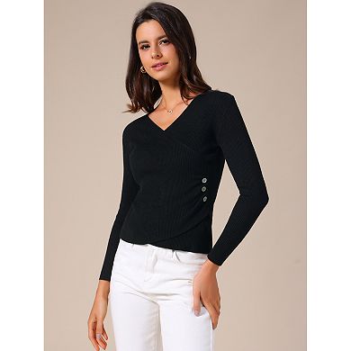 Women's V-Neck Knitted Sweaters Ruched Button Long Sleeve Cross Wrap Slim Fit Tops