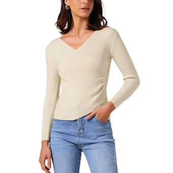 Women's V-Neck Knitted Sweaters Ruched Button Long Sleeve Cross Wrap Slim Fit Tops