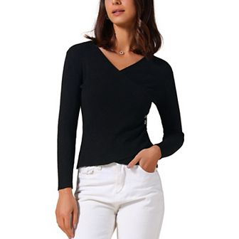 Women's V-Neck Knitted Sweaters Ruched Button Long Sleeve Cross Wrap Slim Fit Tops