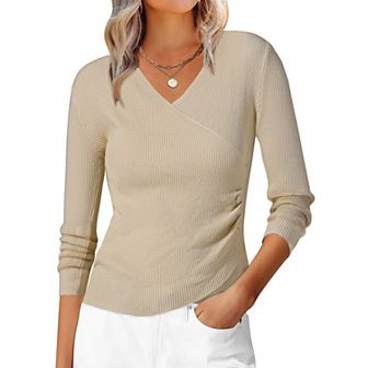 Women's V-Neck Knitted Sweaters Ruched Button Long Sleeve Cross Wrap Slim Fit Tops