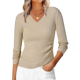 Women's V-Neck Knitted Sweaters Ruched Button Long Sleeve Cross Wrap Slim Fit Tops