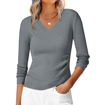 Women's V-Neck Knitted Sweaters Ruched Button Long Sleeve Cross Wrap Slim Fit Tops