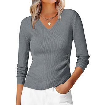 Women's V-Neck Knitted Sweaters Ruched Button Long Sleeve Cross Wrap Slim Fit Tops