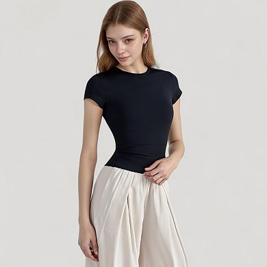 Women's Short Sleeve Fitted Crew Neck Top with Stretch Fabric for Comfortable Everyday Look