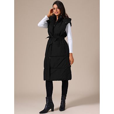 Women's Long Sleeveless Hooded Pockets Belted Winter Vest Outerwear Jackets