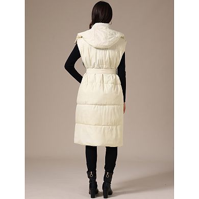 Women's Long Sleeveless Hooded Pockets Belted Winter Vest Outerwear Jackets