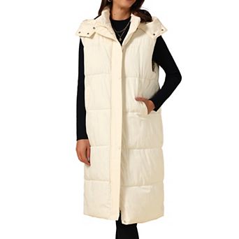 Women's Long Sleeveless Hooded Pockets Belted Winter Vest Outerwear Jackets
