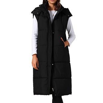 Women's Long Sleeveless Hooded Pockets Belted Winter Vest Outerwear Jackets