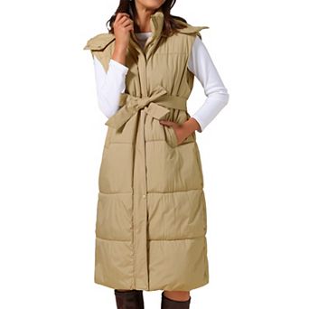 Women's Long Sleeveless Hooded Pockets Belted Winter Vest Outerwear Jackets