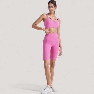 Women's V-Neck Double Strap Sports Bra Top with Lightweight Stretch Fabric and Soft Support