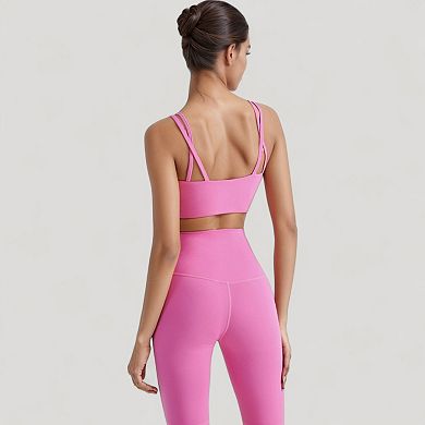 Women's V-Neck Double Strap Sports Bra Top with Lightweight Stretch Fabric and Soft Support