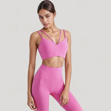 Women's V-Neck Double Strap Sports Bra Top with Lightweight Stretch Fabric and Soft Support