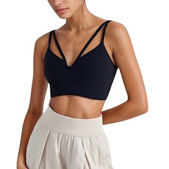 Women's V-Neck Double Strap Sports Bra Top with Lightweight Stretch Fabric and Soft Support