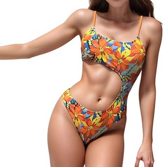 Women's Floral One Shoulder Cutout Monokini Swimsuit with Scoop Neck and High Leg Design