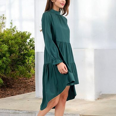 Women's High Neck Tiered Swing Dress with Long Sleeves