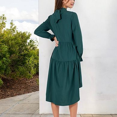 Women's High Neck Tiered Swing Dress with Long Sleeves