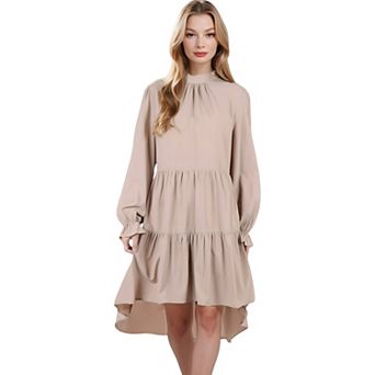 Women's High Neck Tiered Swing Dress with Long Sleeves