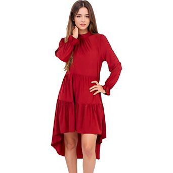 Women's High Neck Tiered Swing Dress with Long Sleeves