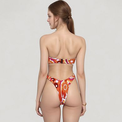 Women's Strapless Bandeau Bikini Top with Front Knot Detail and Vibrant Retro Floral Print