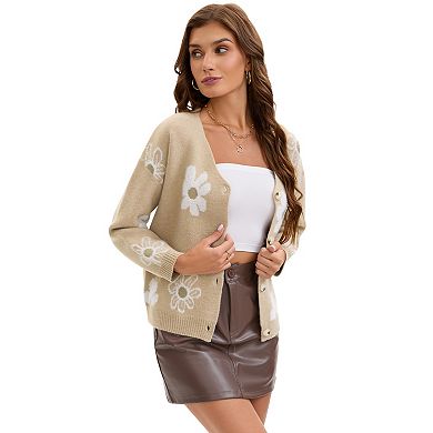 Floral Cardigan Sweaters for Women V Neck Button Down Open Front Long Sleeve Knit Outerwear