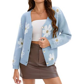Floral Cardigan Sweaters for Women V Neck Button Down Open Front Long Sleeve Knit Outerwear
