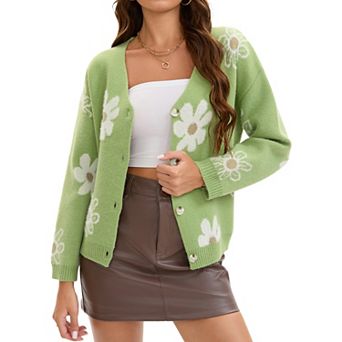 Floral Cardigan Sweaters for Women V Neck Button Down Open Front Long Sleeve Knit Outerwear