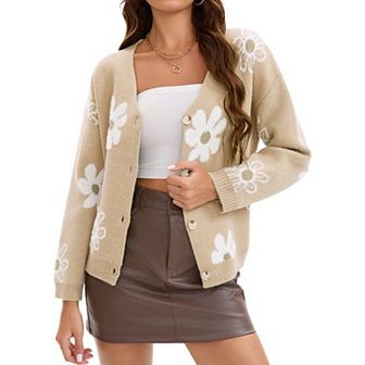 Floral Cardigan Sweaters for Women V Neck Button Down Open Front Long Sleeve Knit Outerwear