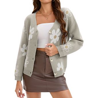 Floral Cardigan Sweaters for Women V Neck Button Down Open Front Long Sleeve Knit Outerwear