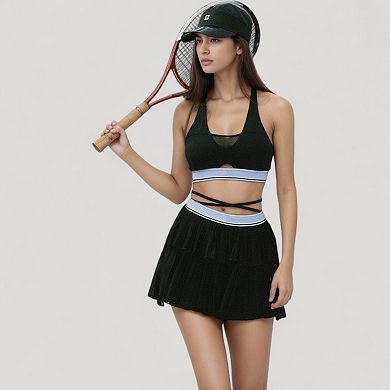 Women's Athletic Pleated Mini Skirt with Double Layer Mesh Design and Contrast Waistband