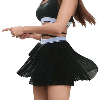 Women's Athletic Pleated Mini Skirt with Double Layer Mesh Design and Contrast Waistband