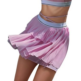 Women's Athletic Pleated Mini Skirt with Double Layer Mesh Design and Contrast Waistband